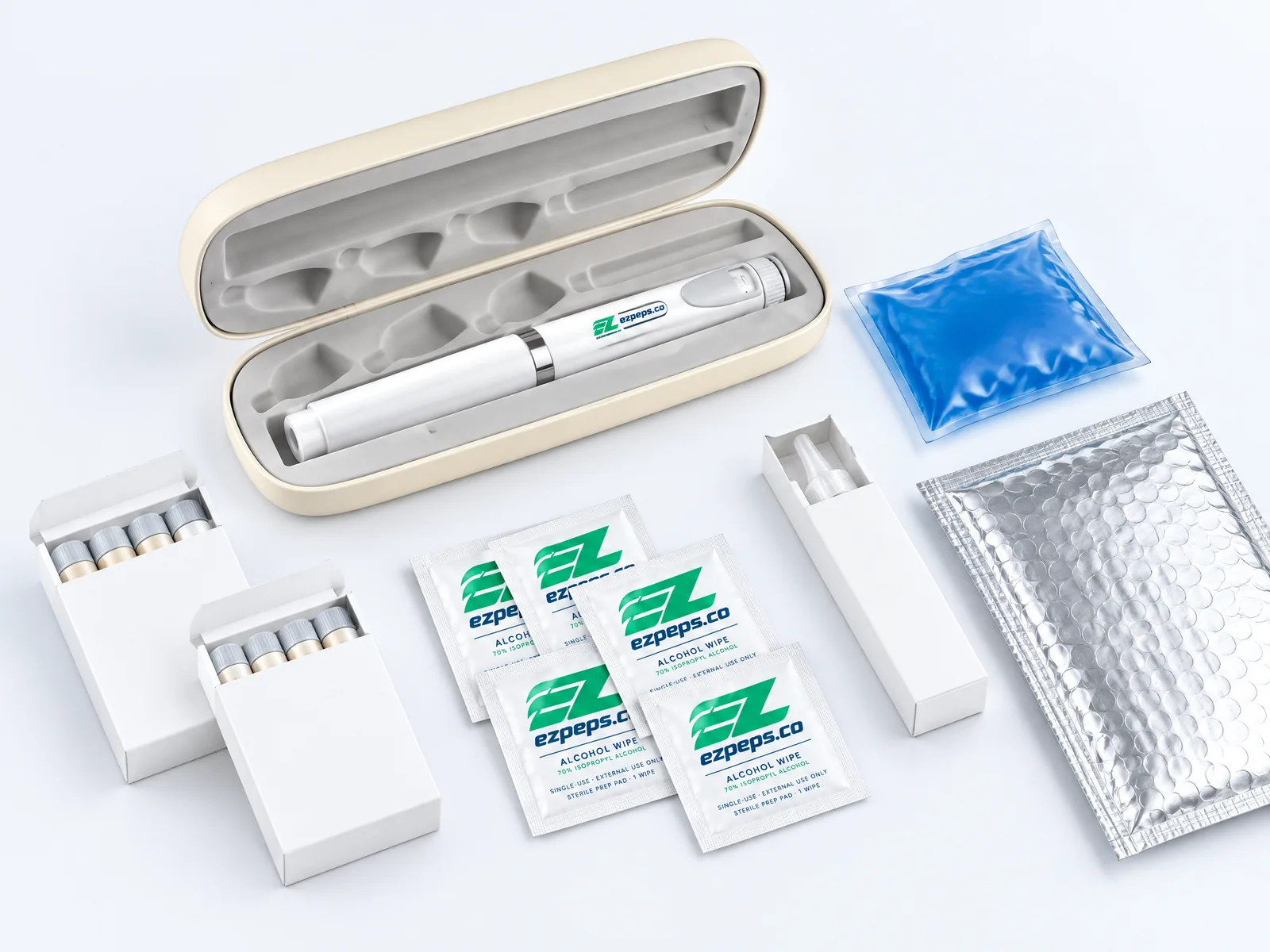 EZpeps all-in-one kit with a white pen, selected cartridges, swabs, needle-tip cartons, gel ice pack, and thermal delivery packaging