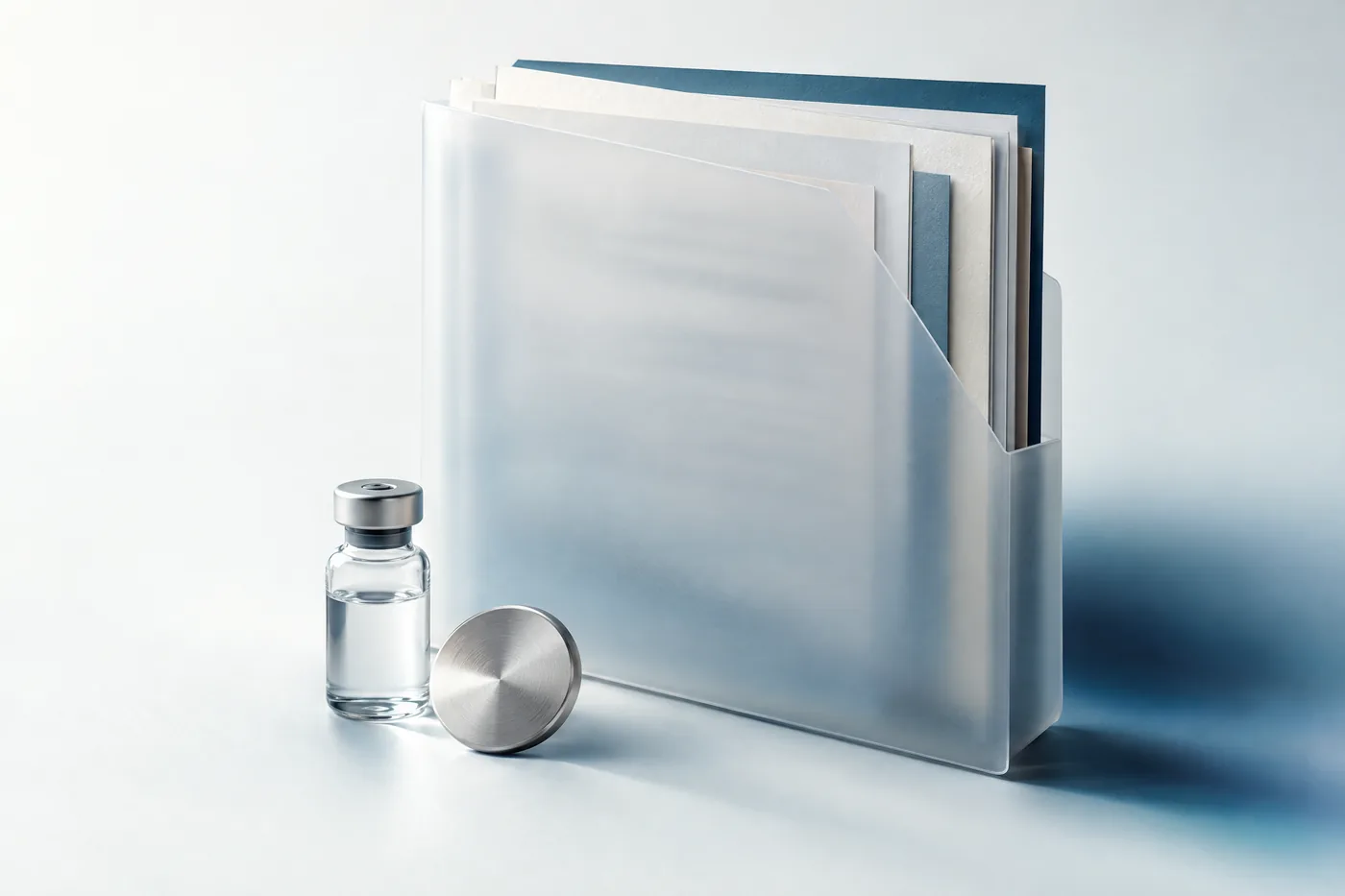 Frosted archival document sleeve with an unbranded glass vial.