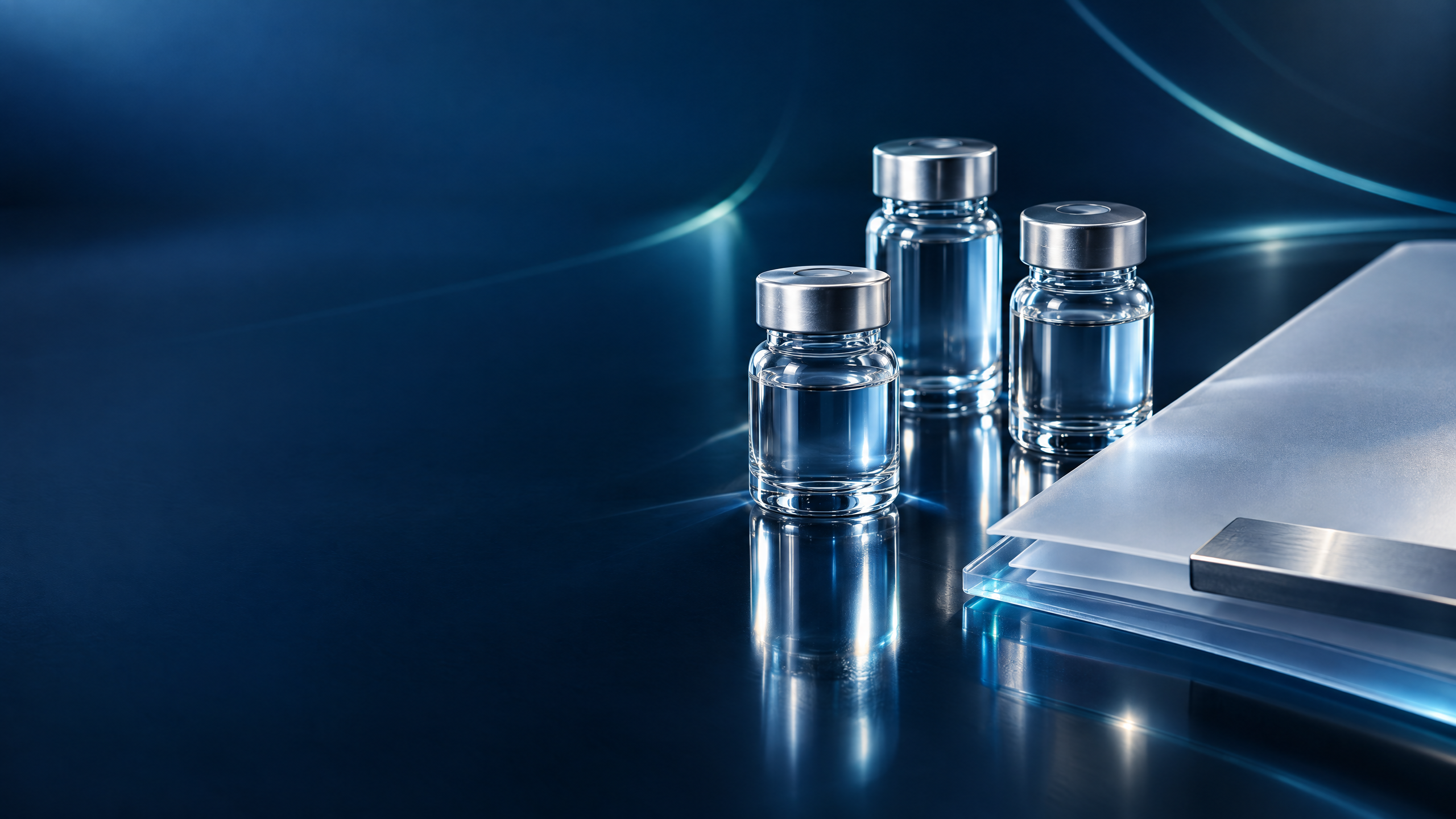 Unbranded glass vials beside a frosted document folio.