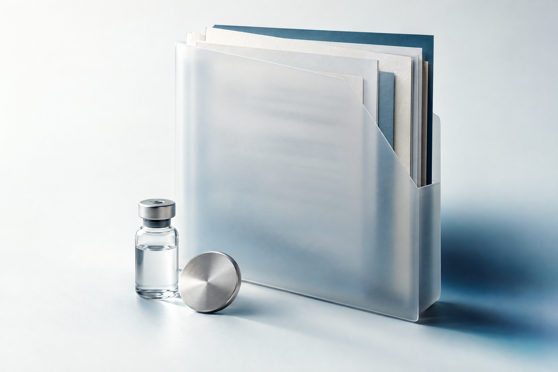 Frosted archival document sleeve with an unbranded glass vial.